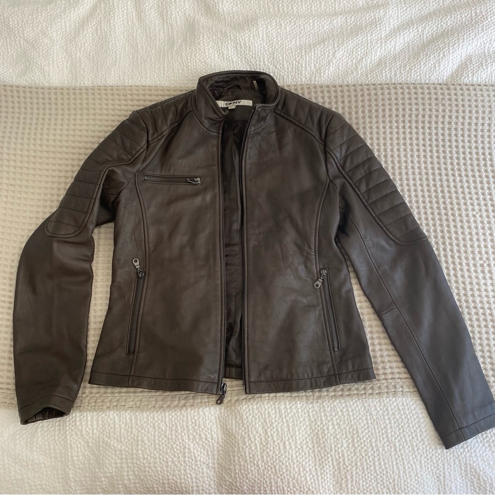 DKNY Brown 100% Leather Moto Jacket